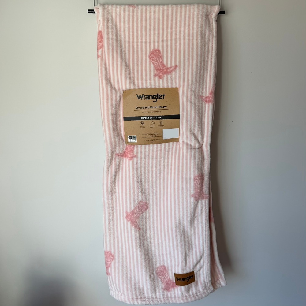 New Wrangler Western Cowboy White Pink Striped 60x70 Blanket Boots Cute Soft